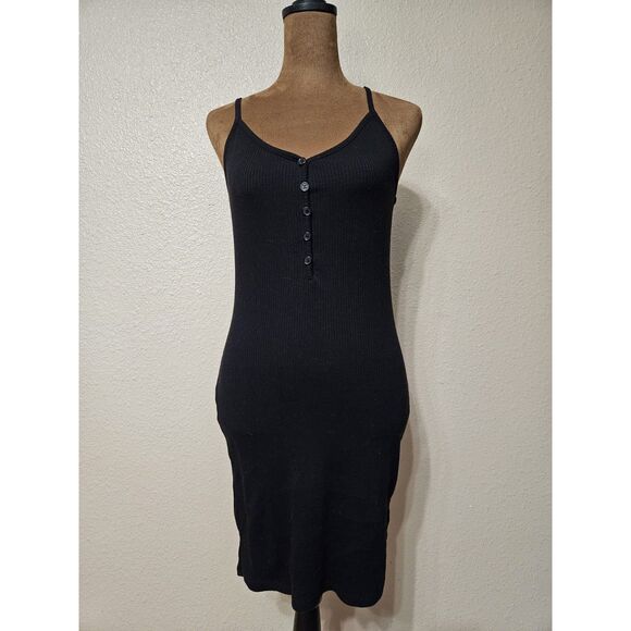 Active USA Women’s Black Ribbed Bodycon Mini Dress Button Front Size L Sexy Club - Picture 1 of 2
